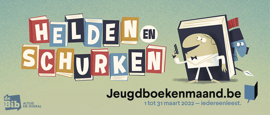 banner Jeugdboekenmaand met Helden en Schurken als thema en een passende illustratie