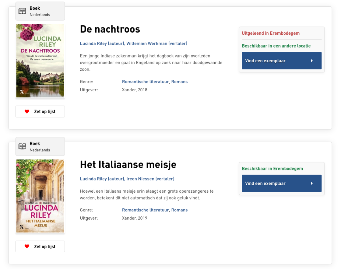 Schermafbeelding van de publiekscatalogus met beschikbaarheidsinfo op de resultatenpagina.
