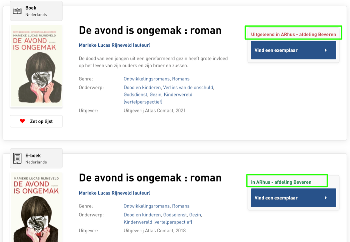Schermafbeelding van de publiekscatalogus met beschikbaarheidsinformatie voor e-boeken en per filiaal.
