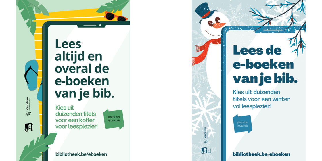Zomer-en winteraffiche e-boeken met als opschrift 'Lees altijd en overal de e-boeken van je bib. Kies uit duizenden titels voor een koffer vol leesplezier!"