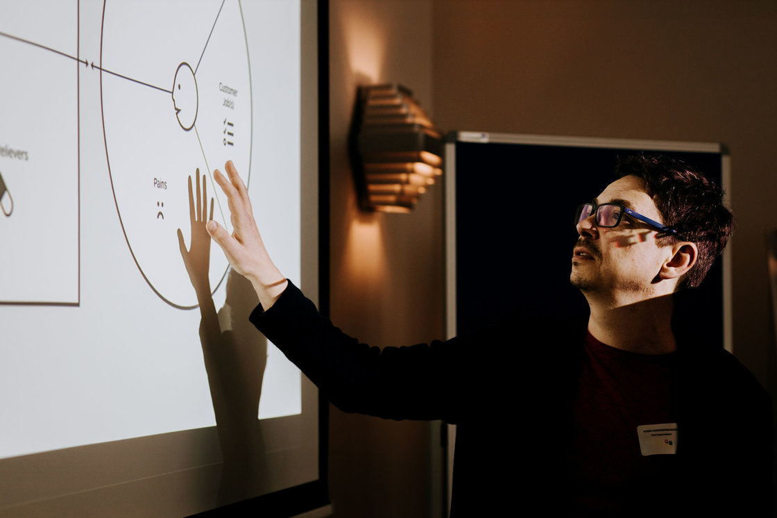 Cultuurconnect-collega wijst iets aan op een projectie van een doelencanvas