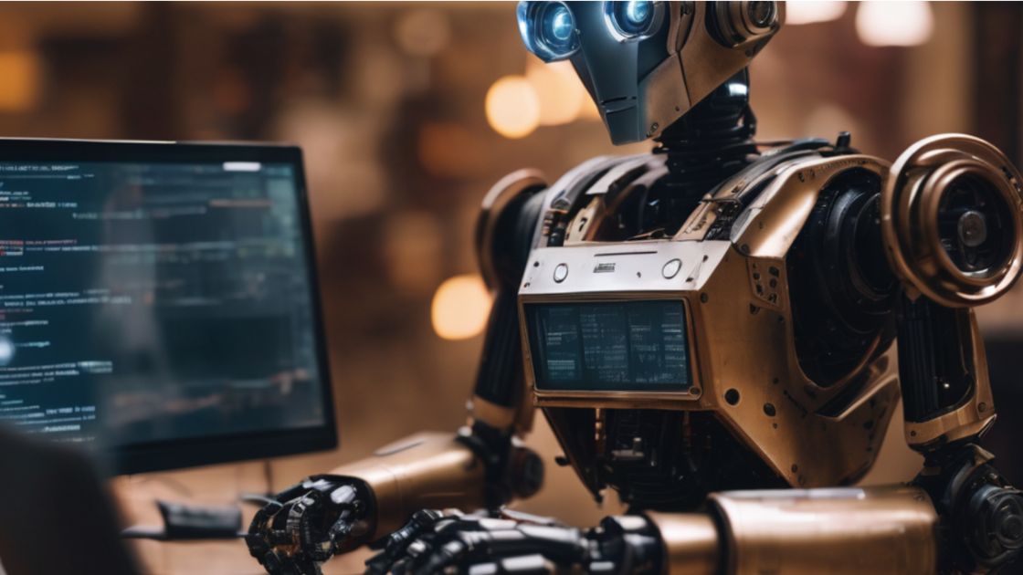 Een afbeelding gemaakt door AI: een robot die typt.
