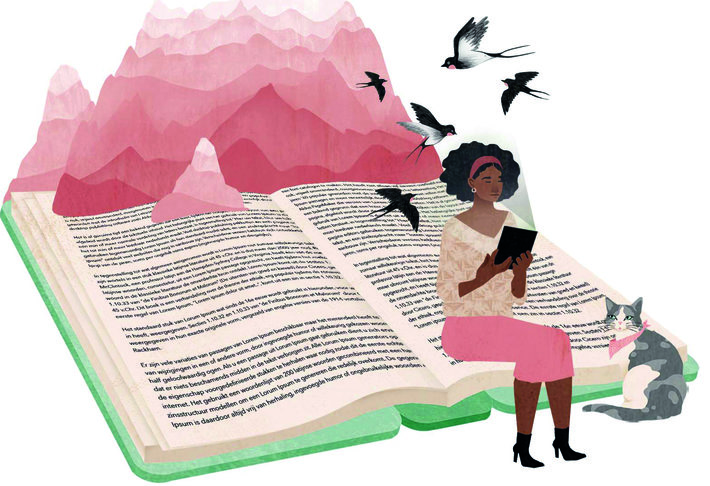 illustratie van een meisje dat op een boek zit en een e-reader leest, vogels en bergen komen tevoorschijn uit het open boek