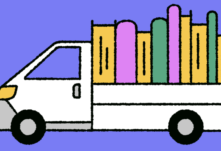 Bestelwagen gevuld met boeken (illustratie), paarse achtergrond.