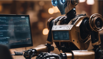Een afbeelding gemaakt door AI: een robot die typt.