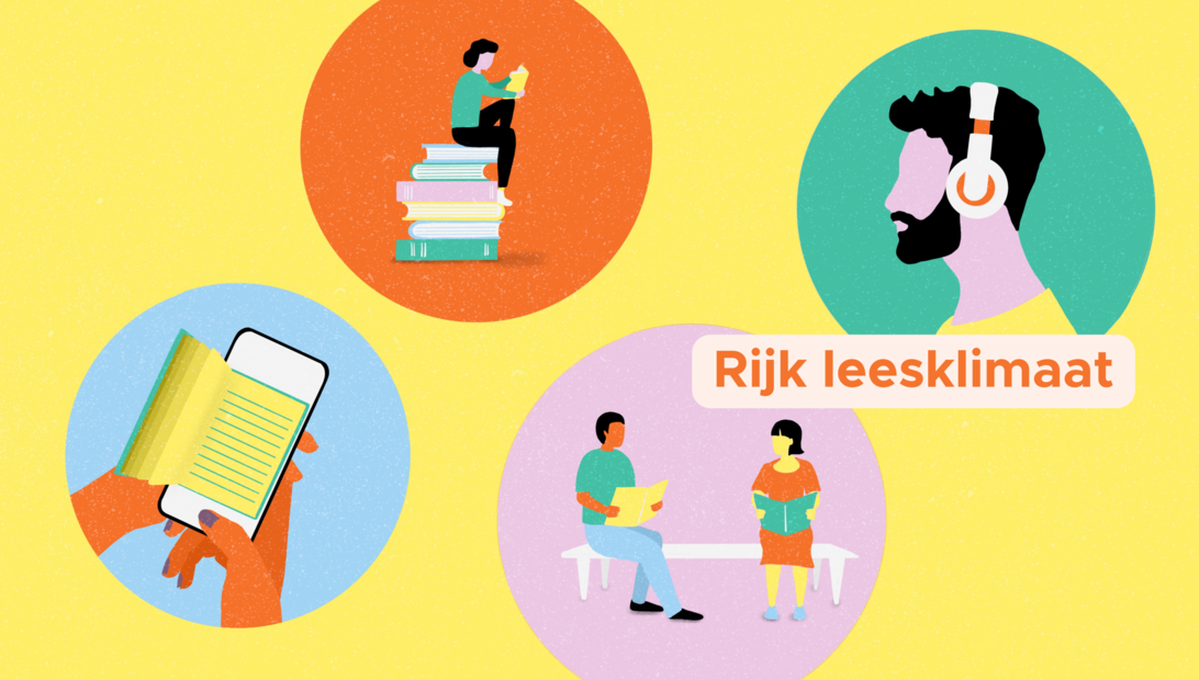 Illustratie van verschillende diensten van de bib: boeken, e-boeken, luisterboeken, ...